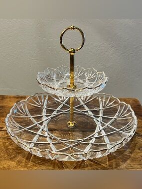 2 Tier Crystal Serving Tray Server Crystal Glass Gold Tone Handle Mikasa Tidbit